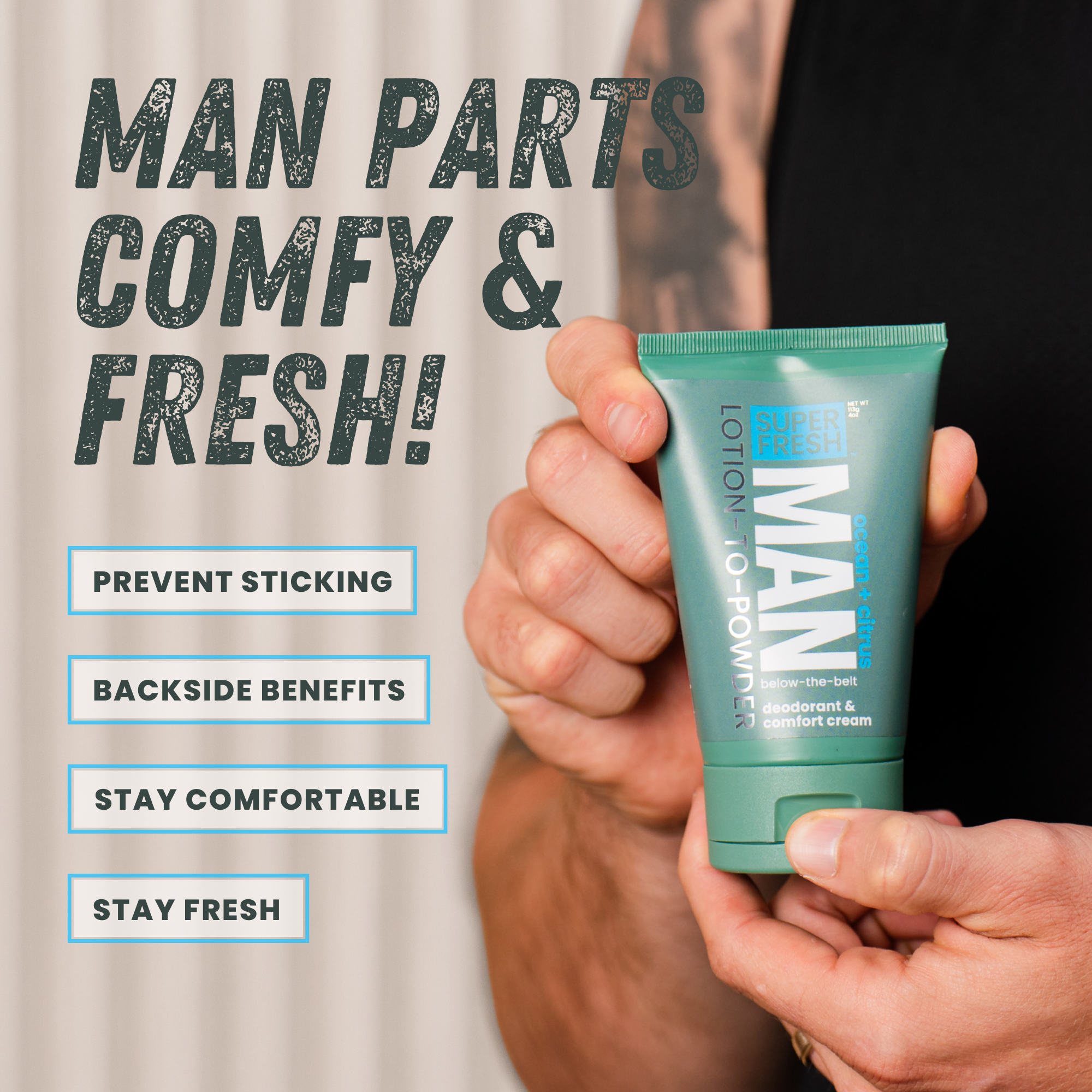 Deodorant & Comfort Cream for Man Parts [Ocean + Citrus] Lotion-to-Powder